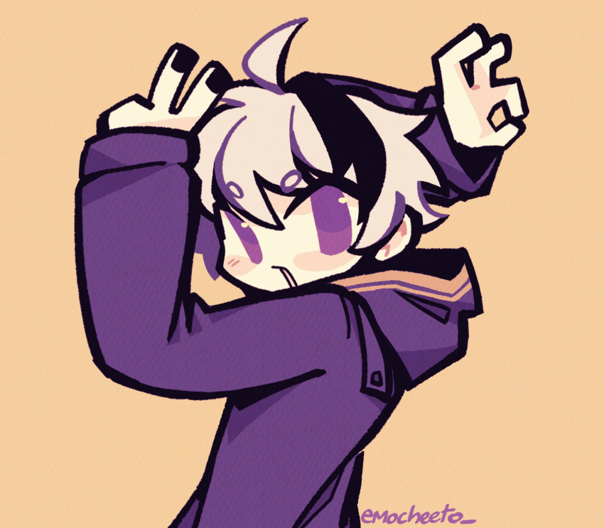 1girl, ahoge, androgynous, arms_up, blush_stickers, commentary, emocheeto, english_commentary