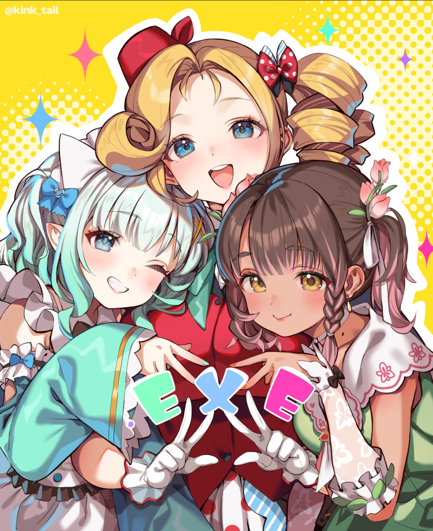 3girls, aqua_nails, blonde_hair, blue_eyes, bow, brown_hair, closed_mouth, commentary_request