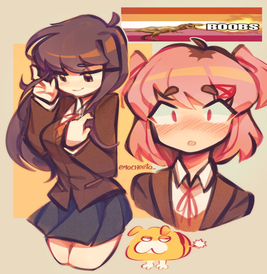 2girls, black_skirt, blush, breasts, brown_jacket, cameo, commentary, creature
