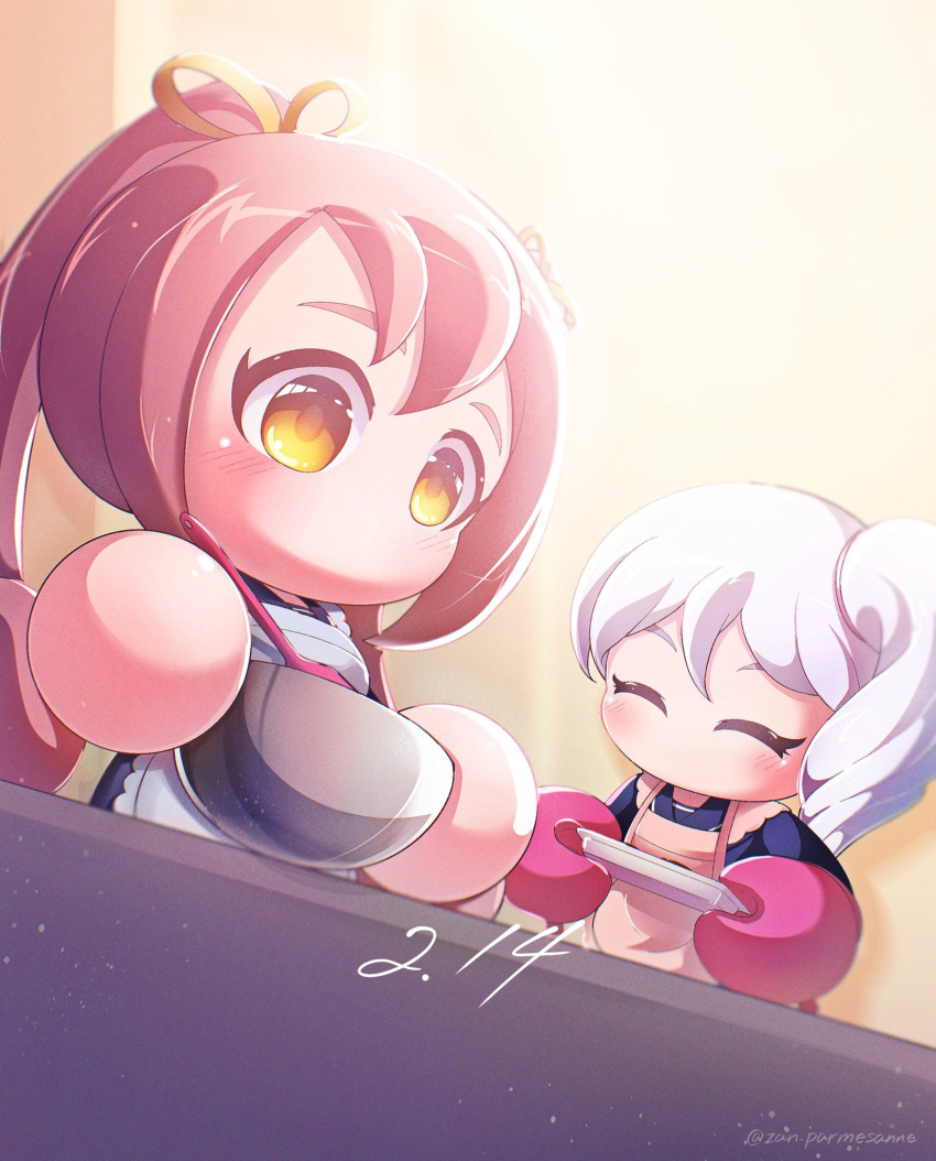 2girls, apron, blue_shirt, bowl, brown_hair, closed_mouth, commentary_request, curly_ends