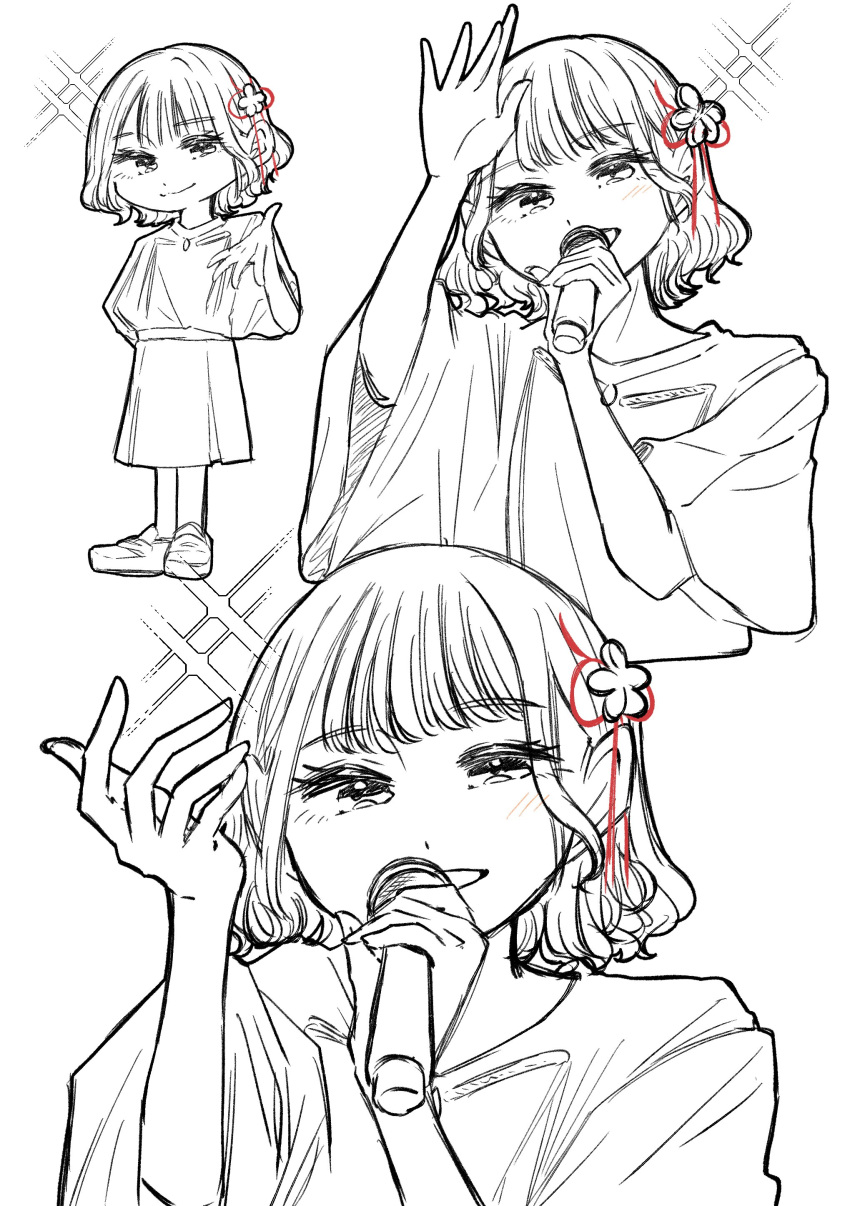 1girl, 5th_live_tour_~4pair_power_spread!!!!~, absurdres, animification, arm_up, bad_id, bad_twitter_id, blush, commentary_request, flower, flower_knot, greyscale, hair_flower, hair_ornament, highres, holding, holding_microphone, ichigo_milk_love, link!_like!_love_live!, loafers, looking_at_viewer, love_live!, medium_skirt, microphone, monochrome, multiple_views, music, open_mouth, pleated_skirt, puripuri_hurai, real_life, sakurai_hina, shirt, shoes, short_sleeves, singing, skirt, sparkle, spot_color, standing, t-shirt, voice_actor