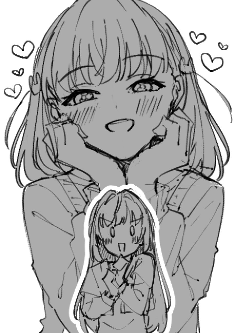 0_0, 2girls, :d, blush, cardigan, commentary, cropped_cardigan, doujinshi_cover_trope_(trend)