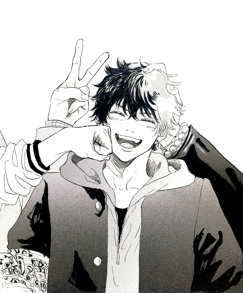 4boys, absurdres, aohitsugi_samatoki, aohitsugi_samatoki_(tdd_era), arms_at_sides, bandana_around_arm, bead_bracelet, beads, blush, bracelet, clenched_hand, closed_eyes, collarbone, commentary_request, earrings, facing_viewer, fingernails, gakuran, greyscale, grid_print, grin, hair_between_eyes, halftone, hand_on_another's_cheek, hand_on_another's_face, hand_on_another's_head, harai_kuko, harai_kuko_(tdd_era), highres, hood, hood_down, hypnosis_mic, jacket, jacket_over_hoodie, jewelry, long_sleeves, mad_comic_dialogue, male_focus, mole, mole_under_eye, monochrome, multiple_boys, multiple_bracelets, nurude_sasara, nurude_sasara_(tdd_era), official_alternate_costume, open_clothes, open_jacket, pen_(medium), saatooiimooo, school_uniform, shirt, short_hair, simple_background, sleeves_pushed_up, smile, solo_focus, stud_earrings, teeth, traditional_media, unzipped, upper_body, upper_teeth_only, v, very_short_hair, white_background, wispy_bangs, yamada_ichiro, yamada_ichiro_(tdd_era)