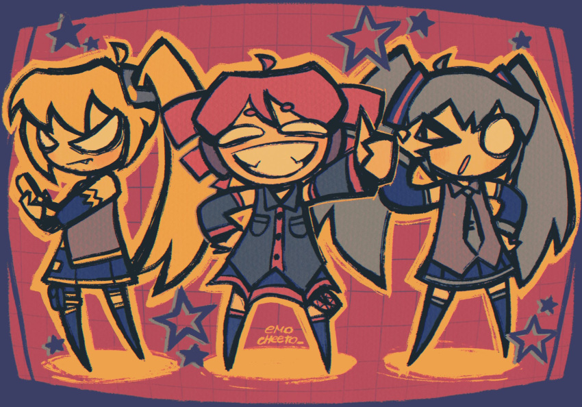 >_o, 3girls, akita_neru, aqua_hair, aqua_necktie, black_skirt, blonde_hair, cellphone