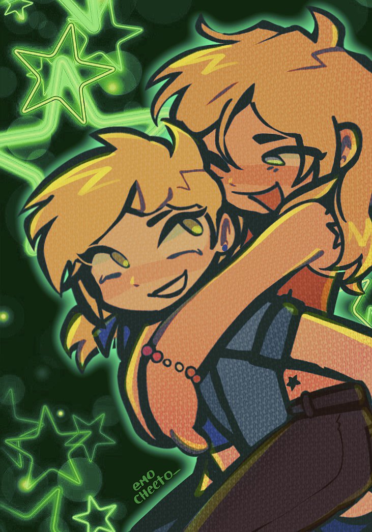 2girls, artist_name, bead_bracelet, beads, black_pants, blonde_hair, blue_shirt, blush