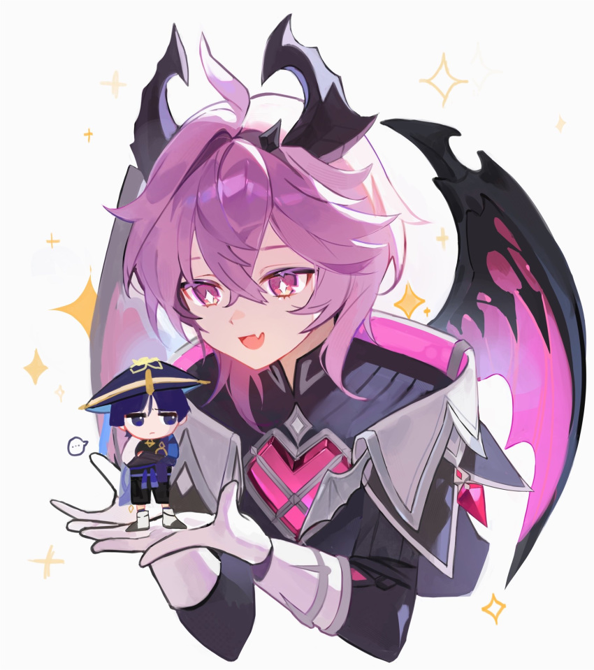 2boys, ahoge, crossed_arms, dragon_boy, dragon_horns, dragon_wings, durin_(genshin_impact), gem