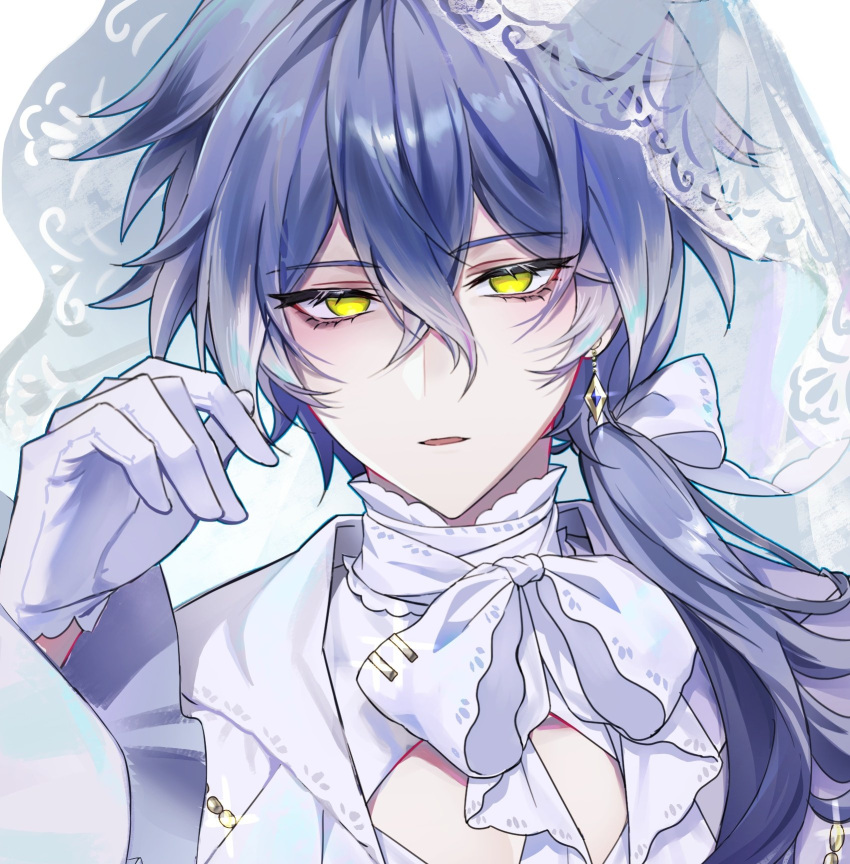 1boy, commentary, crossed_bangs, earrings, flins_(genshin_impact), genshin_impact, gloves, hair_ribbon