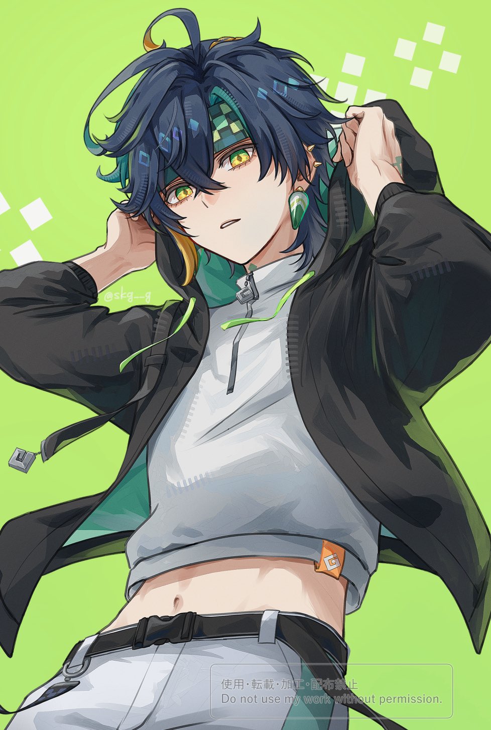 1boy, belt, black_belt, black_jacket, commentary_request, cropped_shirt, earrings, genshin_impact