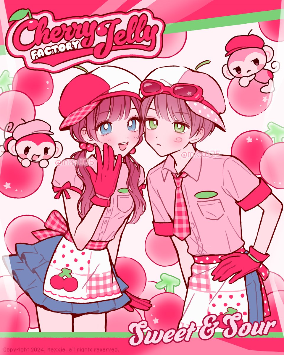 1boy, 1girl, animal, apron, blue_eyes, blue_pants, blue_skirt, blush