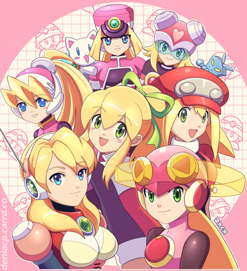 6+girls, alia_(mega_man), assault_visor, blonde_hair, blue_eyes, blush, bow, ciel_(mega_man)
