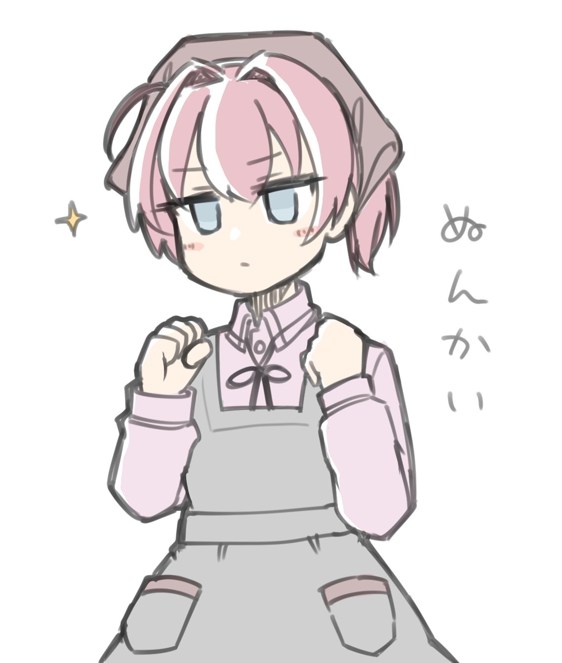 1girl, apron, bandana, blue_eyes, brown_bandana, clenched_hands, collared_shirt, commentary, cosplay, dress_shirt, grey_apron, highres, kantai_collection, nankai_(kancolle), nankai_(kancolle)_(cosplay), pink_hair, pink_shirt, ponytail, shiranui_(kancolle), shirt, short_hair, simple_background, solo, sparkle, tatahai, white_background