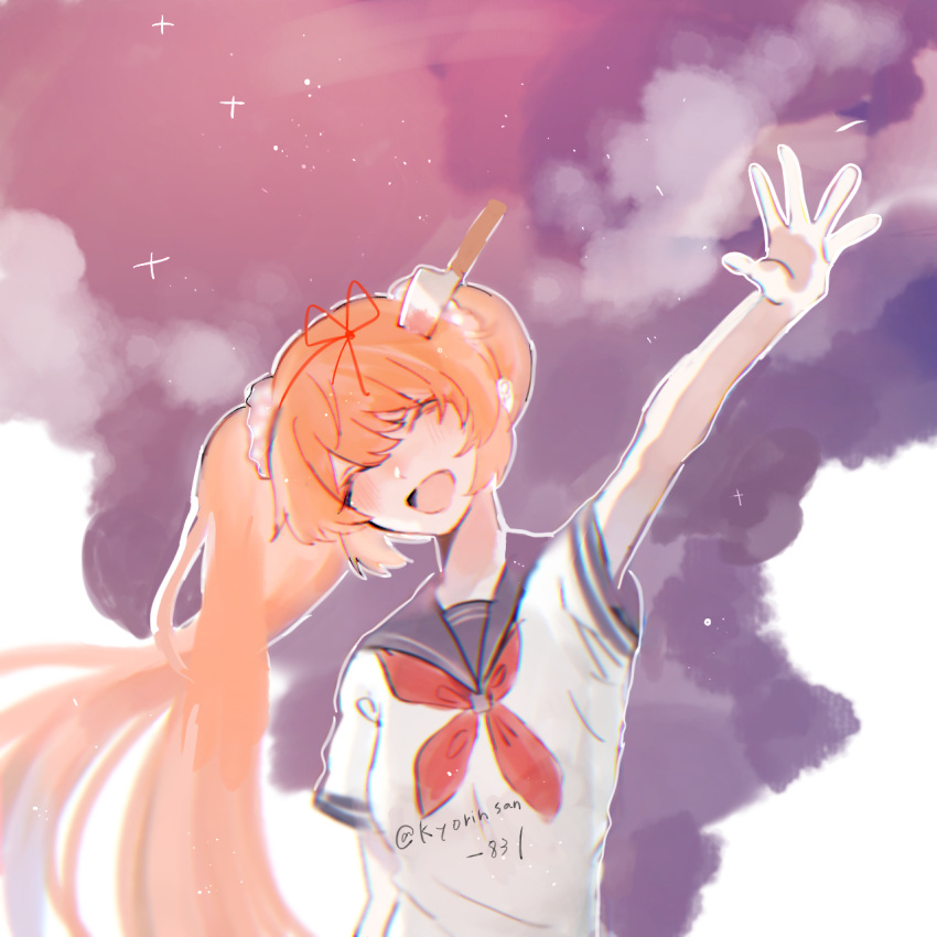 1girl, highres, knife, long_hair, looking_at_viewer, neko_(kyorinsan_831), orange_hair, osana_najimi_(yandere_simulator), polka_dot, polka_dot_scrunchie, school_uniform, scrunchie, serafuku, shirt, short_sleeves, sky, solo, tagme, twintails, yandere_simulator