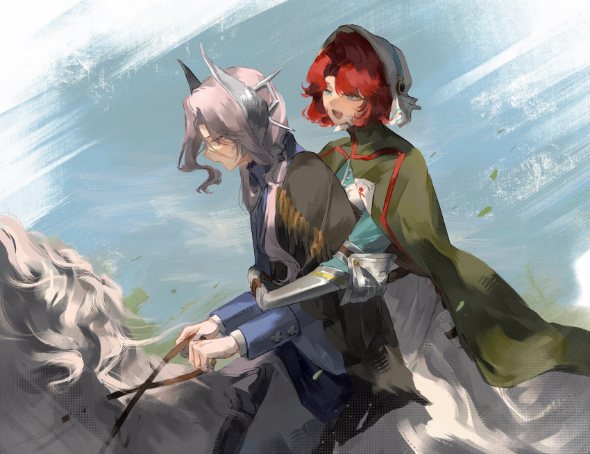2girls, :d, absurdres, arms_around_waist, black_cape, blue_eyes, blue_jacket, blue_shirt, blue_sky, border, cape, cowboy_shot, dress, fading_border, from_side, gauntlets, green_cape, grey_hair, hair_ornament, hat, highres, holding, holding_reins, horseback_riding, hug, hug_from_behind, jacket, ju_(zd1265), long_dress, long_hair, low_ponytail, marsha_(reverse:1999), military_uniform, multiple_girls, multiple_riders, ponytail, profile, red_hair, reins, reverse:1999, riding, sentinel_(reverse:1999), shirt, short_hair, sky, smile, white_dress, white_hat, white_horse