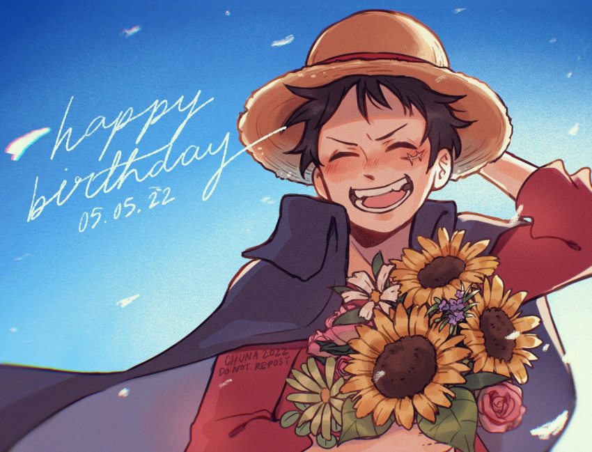 1boy, ^_^, black_hair, bouquet, chunafishy, closed_eyes, commentary, dated