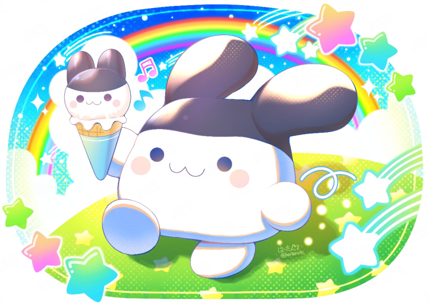 :3, blush_stickers, border, character-themed_food, clouds, colorful, commentary_request, creature