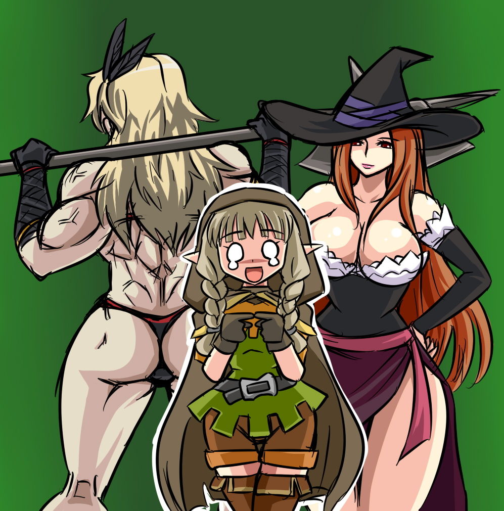 amazon_(dragon's_crown), amazon_(dragon's_crown), ass, axe, back, blonde_hair, breasts, cleavage, detached_sleeves, dragon's_crown, dragon's_crown, dress, elf_(dragon's_crown), elf_(dragon's_crown), hat, large_breasts, legs, long_hair, multiple_girls, muscle, orange_hair, panties, pointy_ears, side_slit, simple_background, sorceress_(dragon's_crown), sorceress_(dragon's_crown), strapless_dress, thick_thighs, thighs, thong, tonda, underwear, weapon, witch_hat
