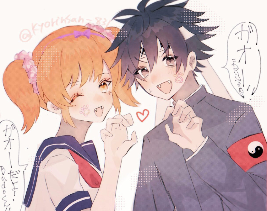 1boy, 1girl, black_hair, blonde_hair, bow, breasts, budo_masuta, commentary_request