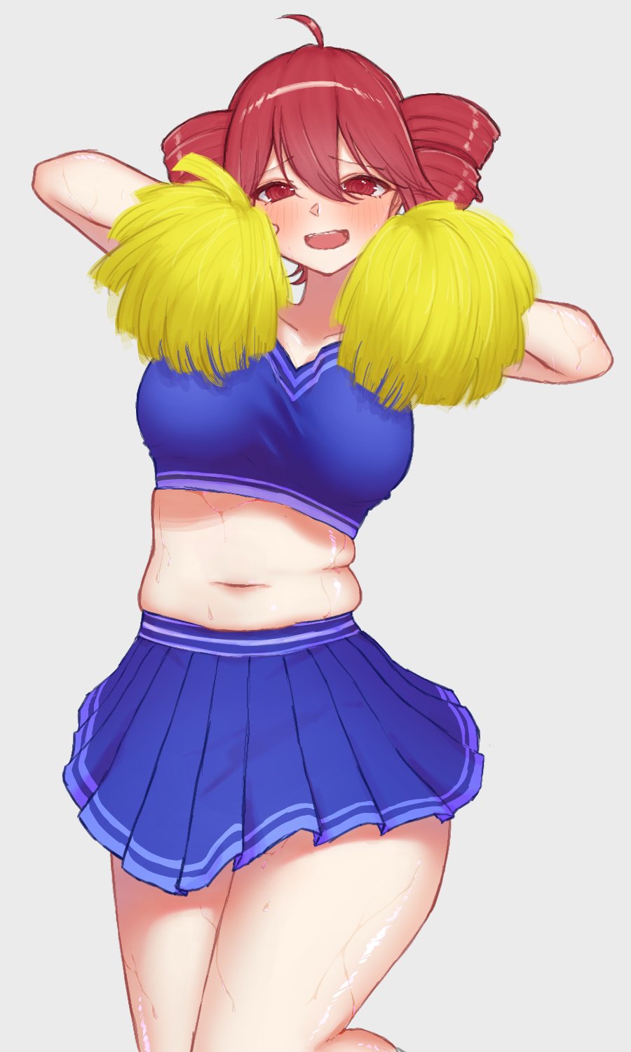 1girl, blue_skirt, cheerleader, collarbone, commentary_request, crop_top, drill_hair, highres, kasane_teto, kasane_teto_(utau), makisugi, miniskirt, plump, pom_pom_(cheerleading), red_eyes, red_hair, skirt, twin_drills, utau
