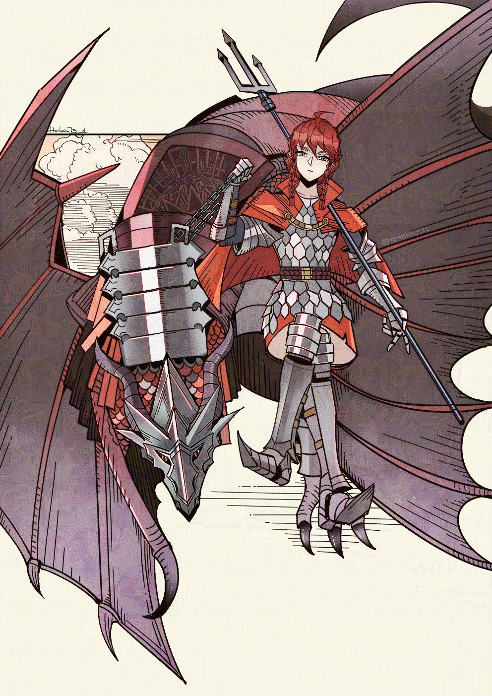 1girl, armor, armored_boots, boots, border, chainmail, crossed_legs, dragon