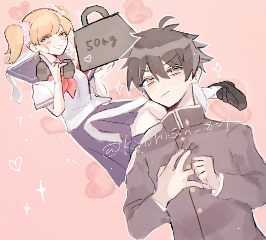1boy, 1girl, black_hair, blonde_hair, bow, breasts, budo_masuta, commentary_request