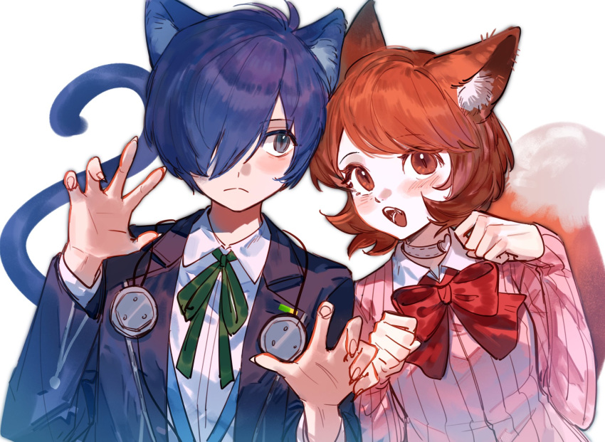1boy, 1girl, animal_ear_fluff, animal_ears, black_jacket, blue_eyes, blue_hair, blush