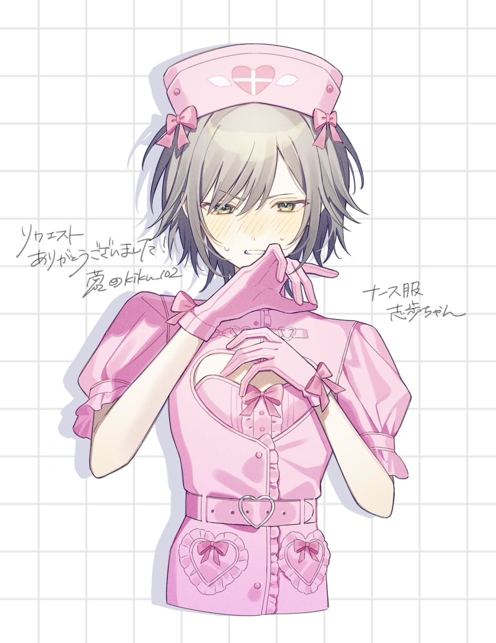 1girl, belt, blush, bow, check_commentary, cleavage_cutout, clothing_cutout, commentary_request