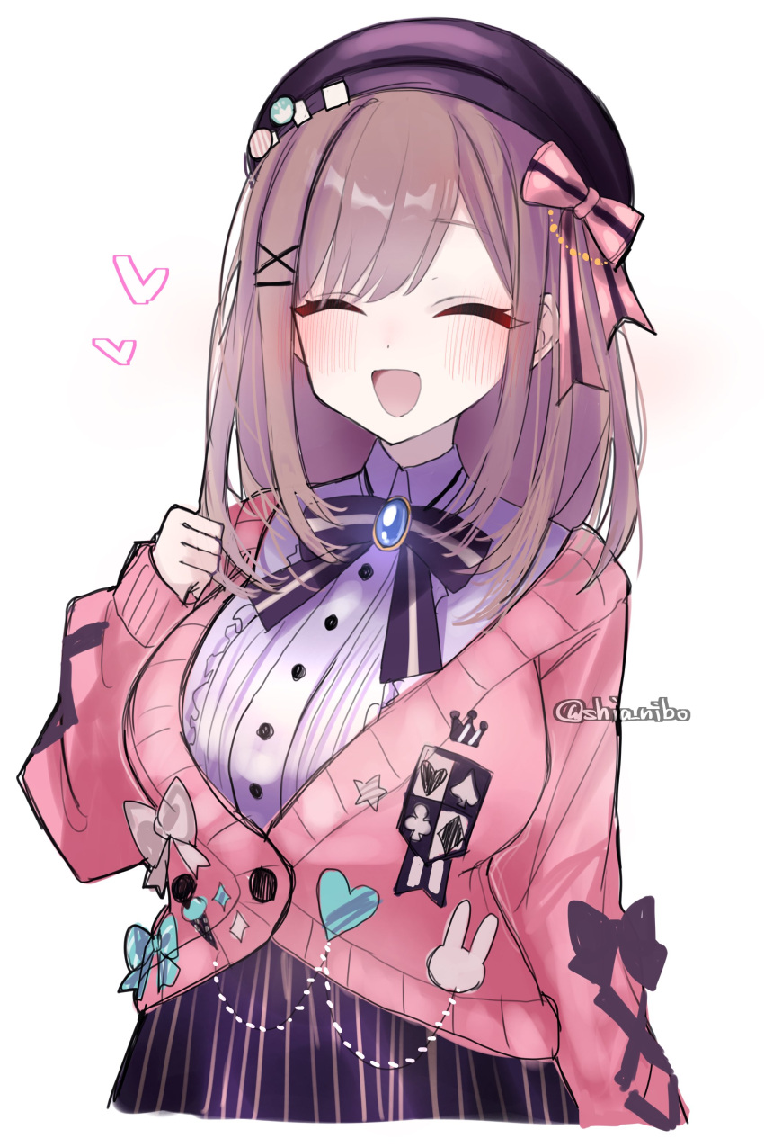 1girl, absurdres, beret, black_hat, black_skirt, blush, bow, brown_hair