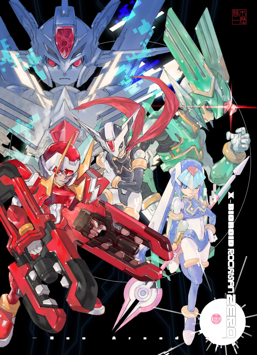 1girl, 4boys, absurdres, arm_mounted_weapon, black_eyes, black_helmet, blue_eyes, blue_helmet