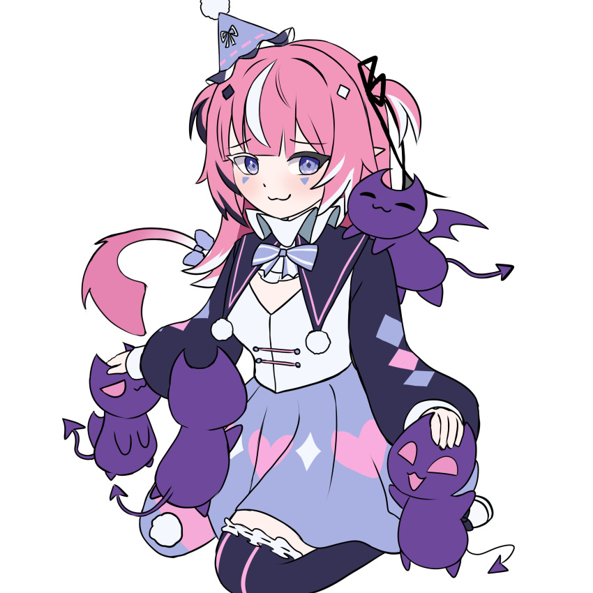 1girl, :3, =_=, absurdres, black_hair, black_ribbon, blue_bow, blue_skirt, blush, bow, camila_(cami_3.0)_(vtuber), camila_(vtuber), cimp_(camila_(vtuber)), closed_eyes, closed_mouth, collar, colored_eyelashes, commentary, creature, creature_on_shoulder, demon_tail, diamond_hair_ornament, english_commentary, facial_mark, flat_color, frilled_collar, frills, full_body, hair_ribbon, hand_on_another's_head, hat, headpat, heart, heart_print, highres, imp, indie_virtual_youtuber, kneeling, long_hair, mismatched_eyelashes, mismatched_thighhighs, multicolored_hair, on_shoulder, open_mouth, party_hat, pink_hair, pinkuisa, pointy_ears, purple_hat, ribbon, shirt, simple_background, skirt, smile, standing, streaked_hair, tail, tail_bow, tail_ornament, triangle, triangle_facial_mark, two_side_up, virtual_youtuber, white_background, white_hair
