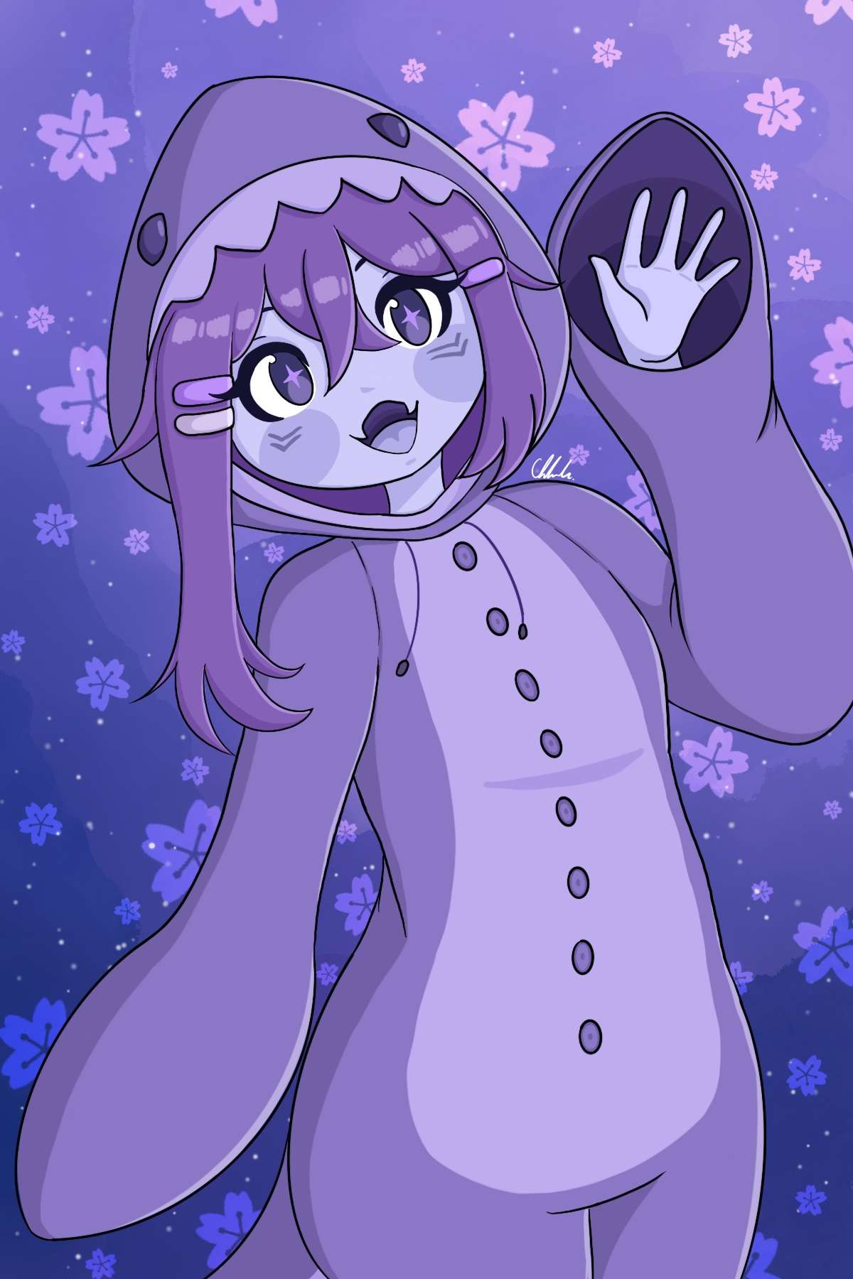 1girl, animal_hood, asymmetrical_hair, blush, blush_stickers, colored_skin, colored_tongue, commentary