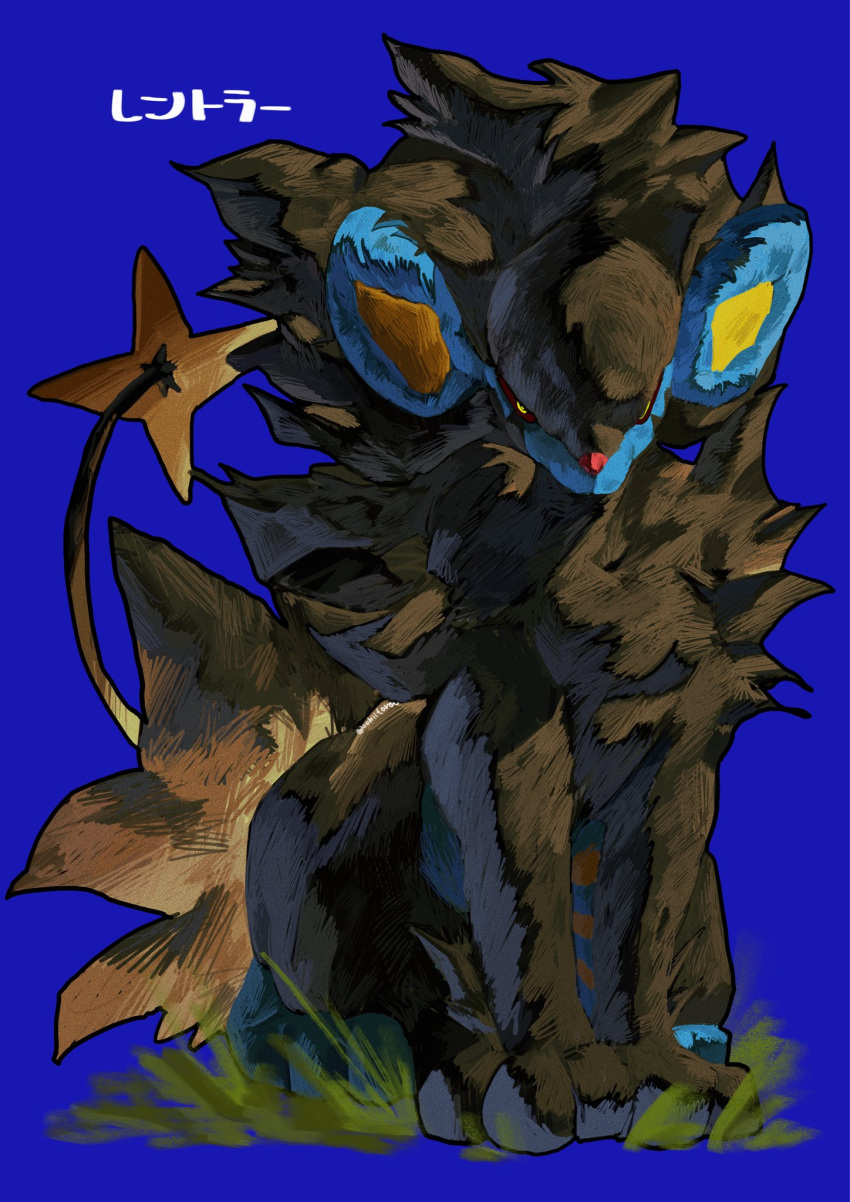 animal_focus, black_fur, blue_background, blue_fur, closed_mouth, colored_sclera, commentary_request, grass
