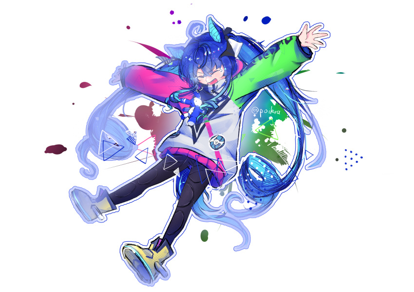 1girl, ahoge, animal_ears, black_bodysuit, blue_hair, bodysuit, boots, closed_eyes