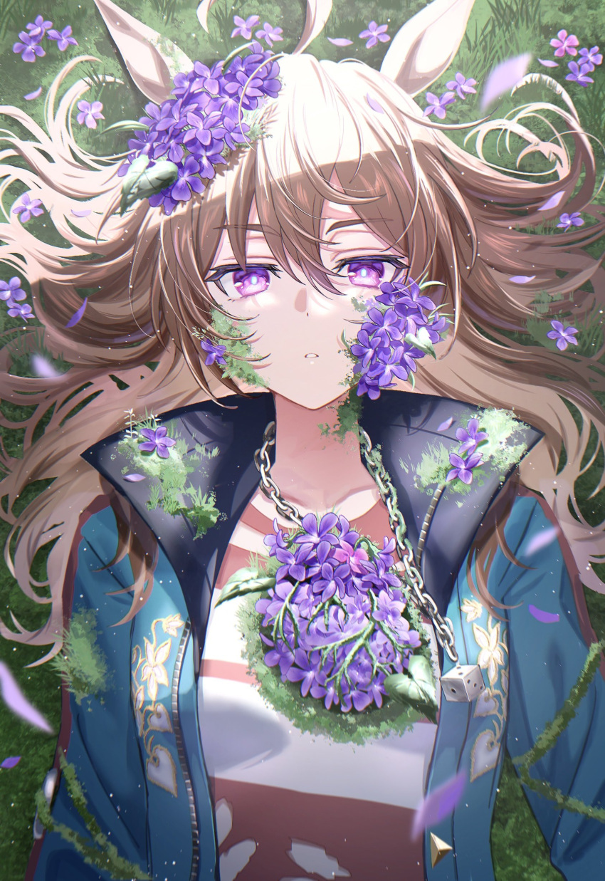 1girl, absurdres, ahoge, animal_ears, blue_coat, breasts, brown_hair, coat