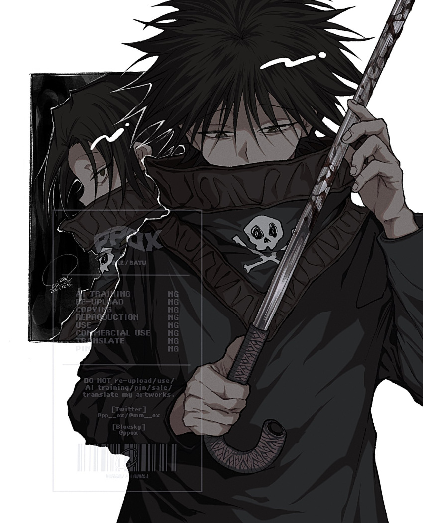 1boy, black_eyes, black_hair, blood, bluesky_username, feitan_portor, hashtag-only_commentary, high_collar