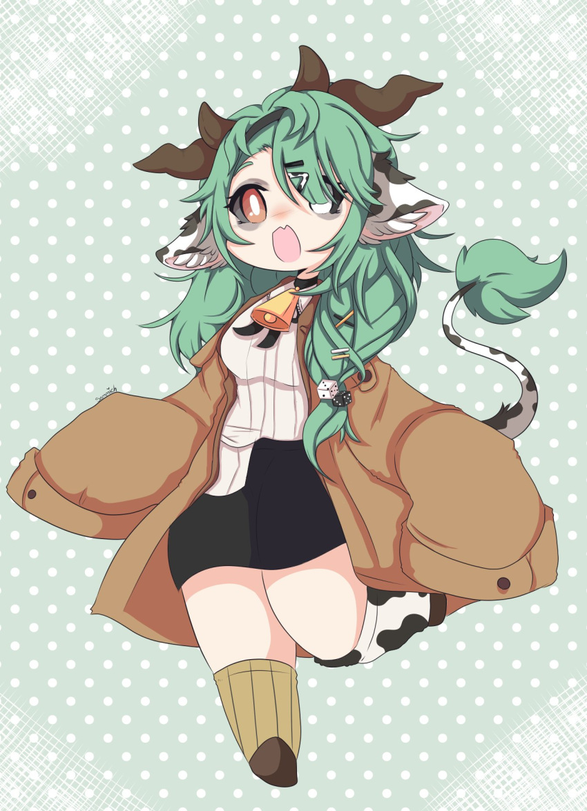 1girl, animal_ear_fluff, animal_ears, animal_print, artist_name, bell, black_choker, black_hairband, black_ribbon, black_sclera, black_skirt, blush, braid, breasts, bright_pupils, brown_coat, brown_shoes, choker, coat, colored_sclera, commentary, cow_ears, cow_girl, cow_horns, cow_print, cow_tail, cowbell, crelly, deformed, dice_hair_ornament, eyelashes, fang, full_body, green_hair, grey_sclera, hair_ornament, hair_over_shoulder, hairband, hairclip, heterochromia, highres, horns, indie_virtual_youtuber, long_hair, long_sleeves, mismatched_sclera, mismatched_socks, neck_bell, neck_ribbon, open_clothes, open_coat, open_mouth, polka_dot, polka_dot_background, red_eyes, ribbon, shirt, shoes, single_braid, skin_fang, skirt, sleeves_past_fingers, sleeves_past_wrists, smile, smolsammichowo, solo, standing, standing_on_one_leg, symbol-only_commentary, tail, virtual_youtuber, white_eyes, white_pupils, white_shirt