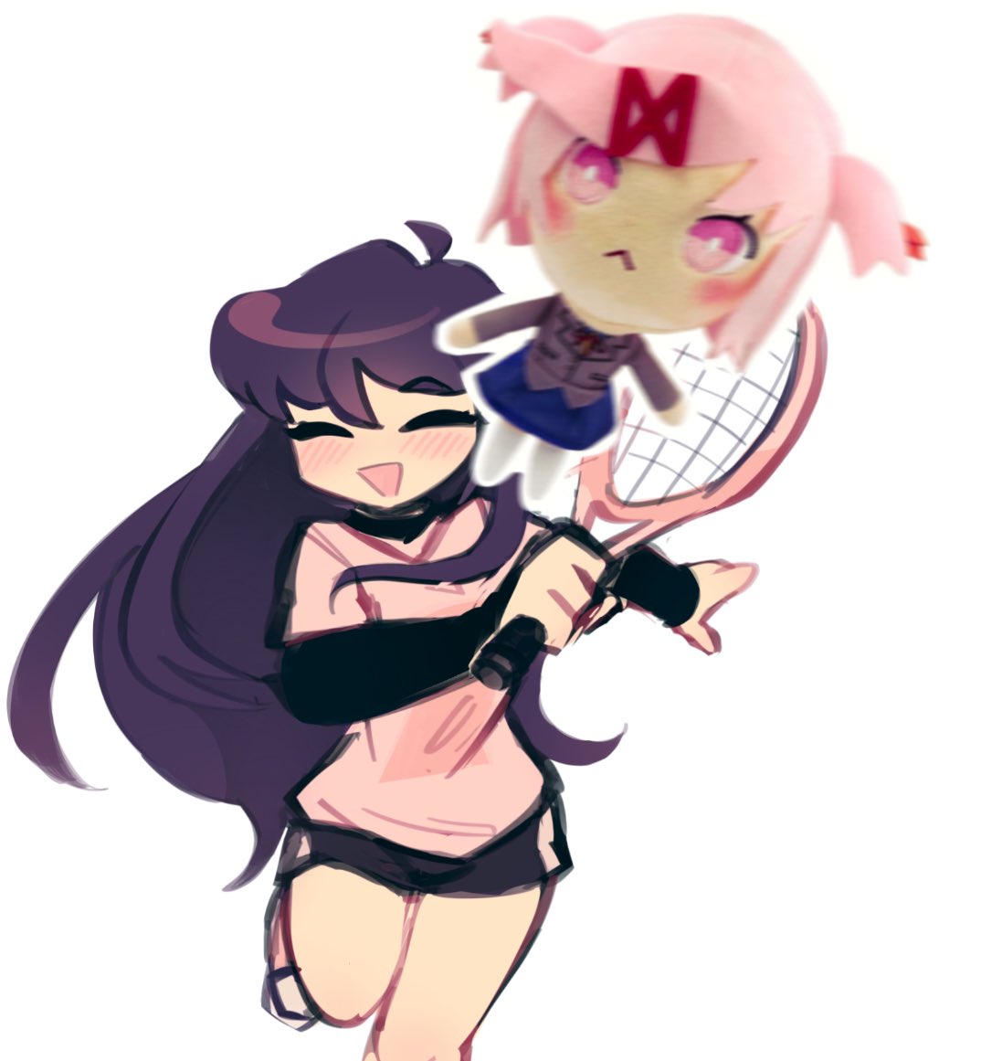 1girl, ahoge, black_shorts, blush, character_doll, closed_eyes, doki_doki_literature_club, doll, emocheeto, holding, holding_tennis_racket, long_hair, natsuki_(doki_doki_literature_club), open_mouth, pink_shirt, purple_hair, racket, shirt, shorts, simple_background, solo, standing, standing_on_one_leg, tennis_racket, very_long_hair, white_background, yuri_(doki_doki_literature_club)
