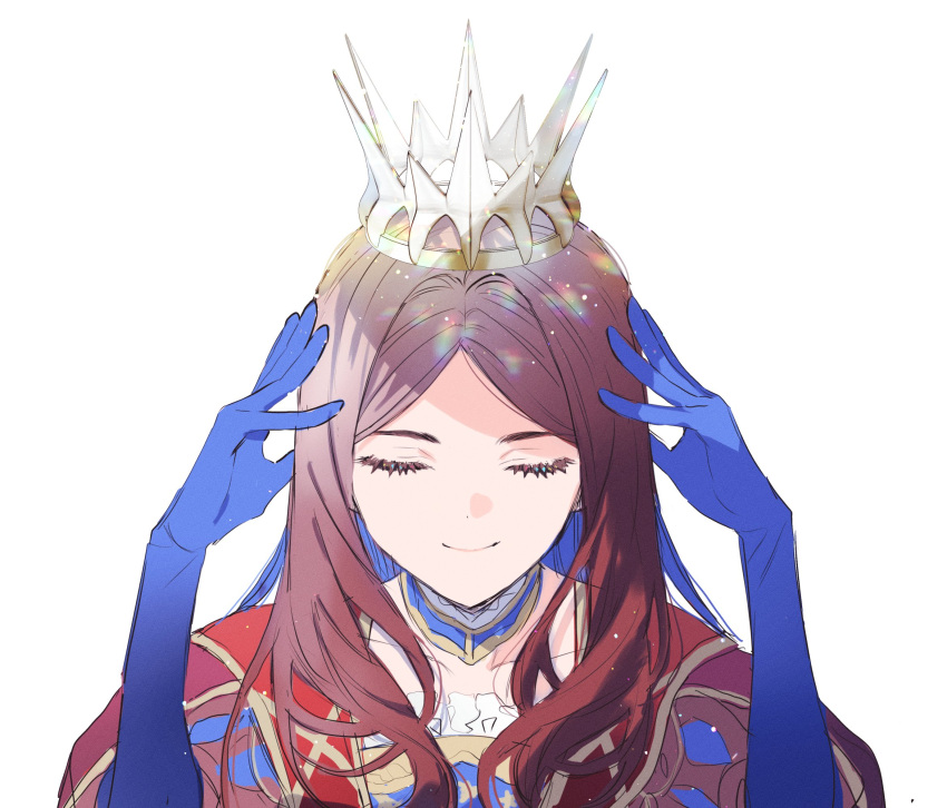 1girl, arms_up, blue_gloves, blue_hair, brown_hair, brown_shirt, cape, closed_eyes