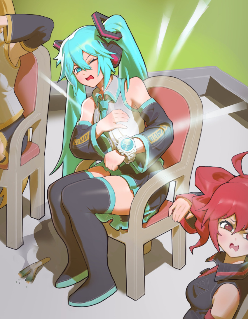 3girls, absurdres, akita_neru, aqua_eyes, aqua_hair, aqua_necktie, black_boots, black_shirt, black_skirt, blinding_light, blonde_hair, boots, commentary, full_body, grey_shirt, hatsune_miku, highres, kasane_teto, kasane_teto_(utau), light_rays, long_hair, multiple_girls, necktie, one_eye_closed, outdoors, pacpoi, parody, parted_lips, pleated_skirt, red_eyes, red_hair, reflection, scene_reference, shirt, short_hair, sitting, skirt, sleeveless, sleeveless_shirt, solo_focus, symbol-only_commentary, the_boondocks, thigh_boots, twintails, utau, very_long_hair, vocaloid, watch, watch, wing_collar