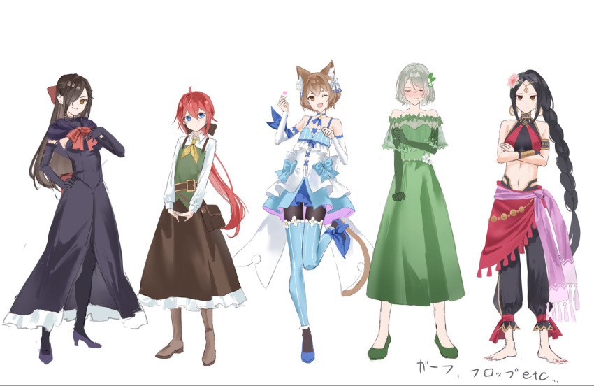 5boys, :d, animal_ears, ascot, bare_shoulders, barefoot, belt, black_dress, black_gloves, black_hair, black_pantyhose, blue_eyes, blush, boots, bow, bowtie, braid, breasts, brown_eyes, brown_hair, brown_skirt, cat_boy, cat_ears, cat_tail, closed_eyes, closed_mouth, commentary_request, crop_top, crossdressing, crossdressing_(mtf), crossed_arms, detached_sleeves, dress, earrings, elbow_gloves, embarrassed, felix_argyle, flower, frilled_dress, frills, full_body, genderswap, gloves, green_dress, green_vest, grey_hair, hair_between_eyes, hair_bow, hair_flower, hair_ornament, hair_over_one_eye, hand_on_own_chest, hand_on_own_hip, high_heel_boots, high_heels, highres, jewelry, long_braid, long_dress, long_hair, long_skirt, long_sleeves, looking_at_viewer, male_focus, midriff, mikan_(penta), multiple_boys, multiple_girls, natsuki_subaru, natsumi_schwarz, navel, one_eye_closed, open_mouth, otto_suewen, pants, pantyhose, ponytail, pouch, re:zero_kara_hajimeru_isekai_seikatsu, red_bow, red_eyes, red_hair, reinhard_van_astrea, ribbon, shirt, short_hair, simple_background, single_braid, skirt, sleeveless, smile, standing, standing_on_one_leg, tail, thigh-highs, thigh_boots, trap, very_long_hair, vest, vincent_vollachia, white_background, white_flower