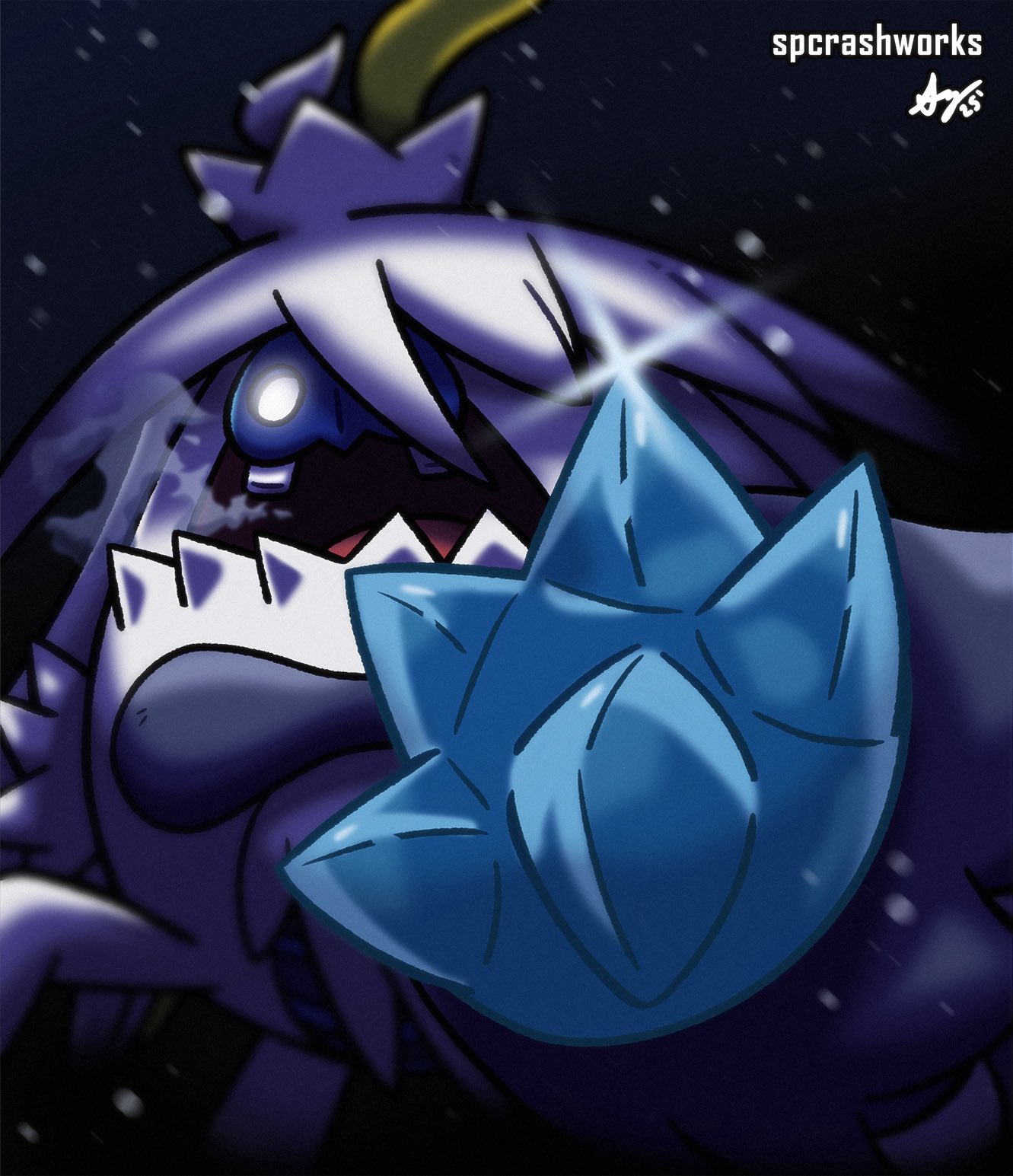 ahoge, animal_focus, artist_name, blank_eyes, blonde_hair, body_fur, breath, colored_skin, commentary, crab, crabominable, english_commentary, english_text, glowing, glowing_eyes, highres, ice, long_hair, mega_crabominable, mega_pokemon, multicolored_hair, no_humans, pokemon, pokemon_(creature), pokemon_focus, purple_fur, purple_skin, snow, spcrashworks, teeth, two-tone_hair, white_fur, white_hair, yeti_(creature)