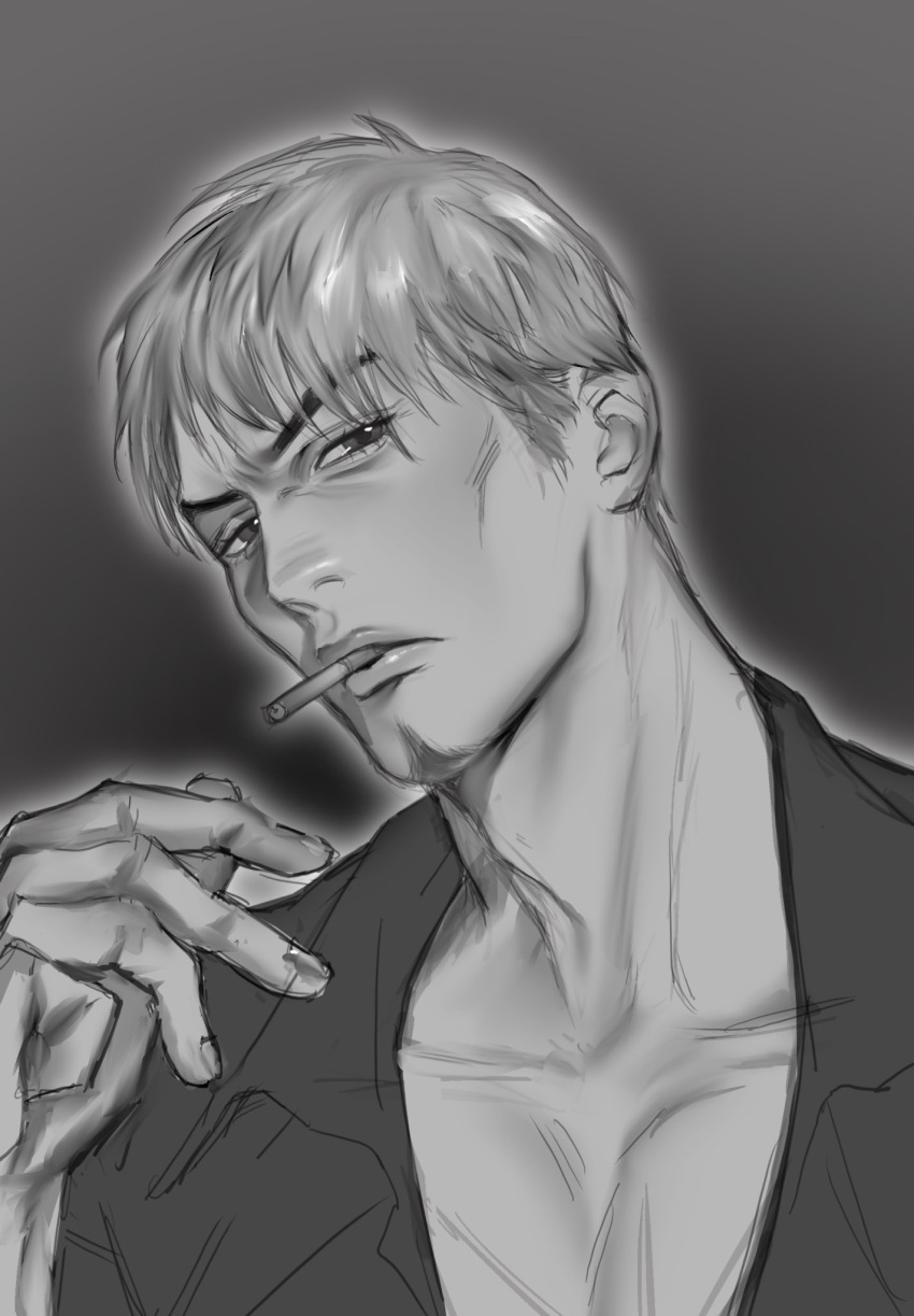 1boy, cigarette, commentary, dress_shirt, english_commentary, facial_hair, goatee, greyscale, hair_down, highres, kiryu_kazuma, male_focus, mature_male, monochrome, partially_unbuttoned, pectoral_cleavage, pectorals, ryuu_ga_gotoku_(series), ryuu_ga_gotoku_8, shirt, short_hair, solo, sotenborinpc, upper_body