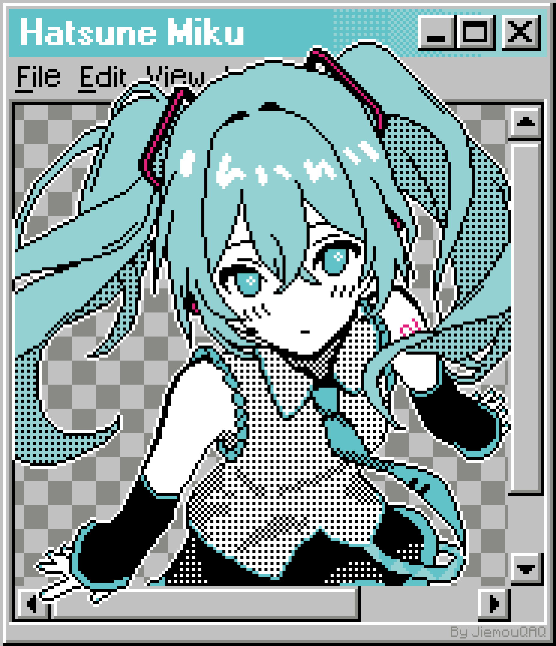 1girl, aqua_eyes, aqua_hair, aqua_nails, aqua_necktie, arm_tattoo, aseprite_(medium), character_name