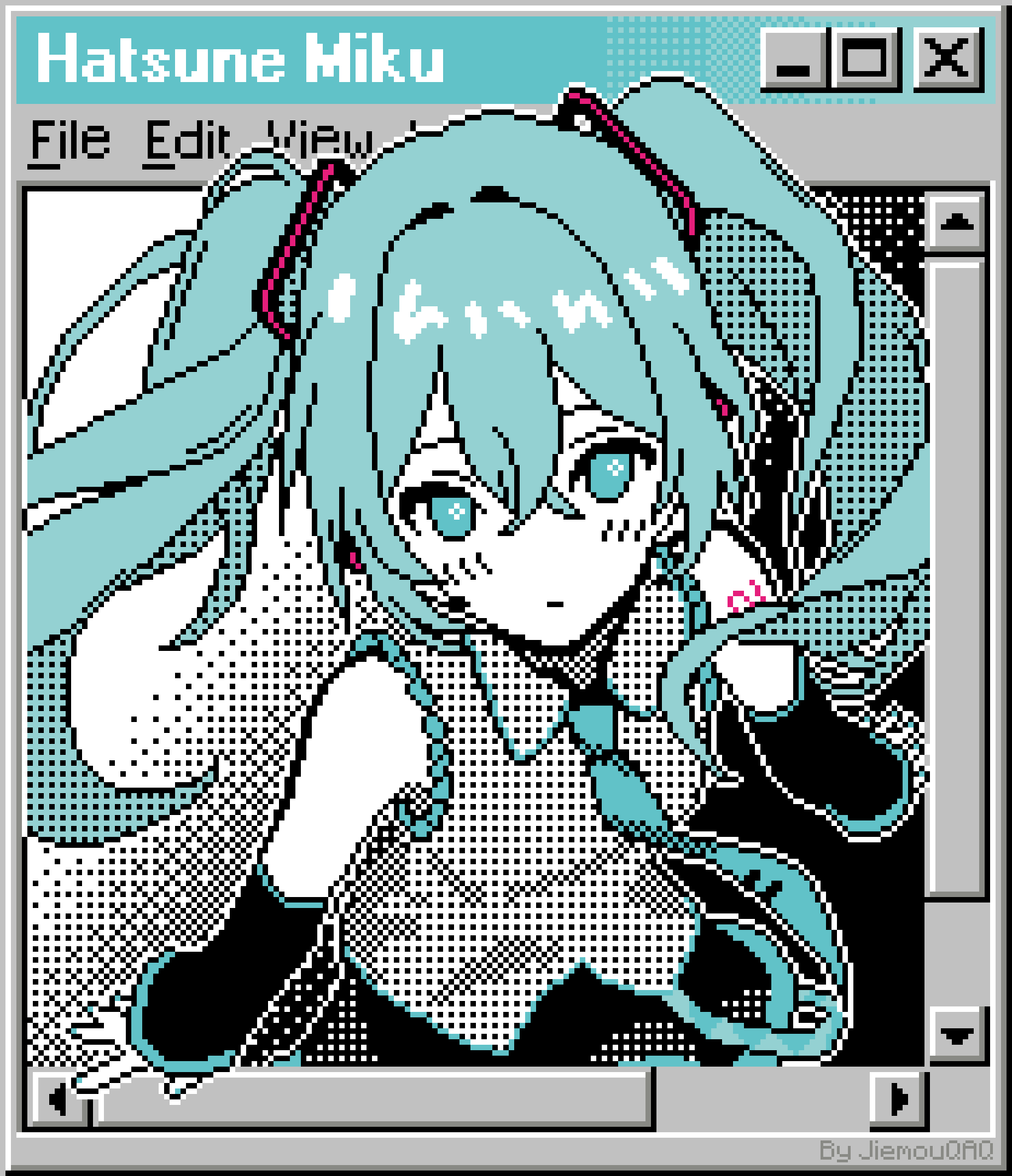 1girl, aqua_eyes, aqua_hair, aqua_nails, aqua_necktie, arm_tattoo, aseprite_(medium), character_name