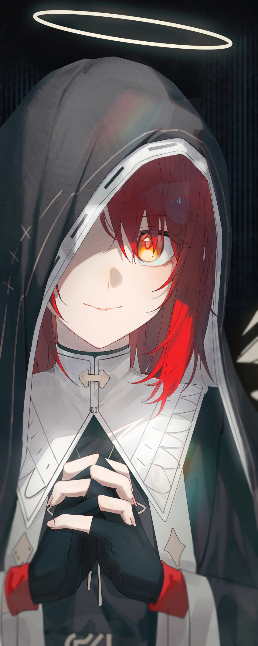 1girl, absurdres, arknights, black_gloves, black_veil, commentary, detached_wings, energy_wings, exusiai_(arknights), exusiai_(nun)_(arknights), fingerless_gloves, gloves, guimpe, halo, highres, looking_at_viewer, medium_hair, nun, official_alternate_costume, one_eye_covered, orange_eyes, palms_together, red_hair, smile, solo, traditional_halo, veil, wings, zapik