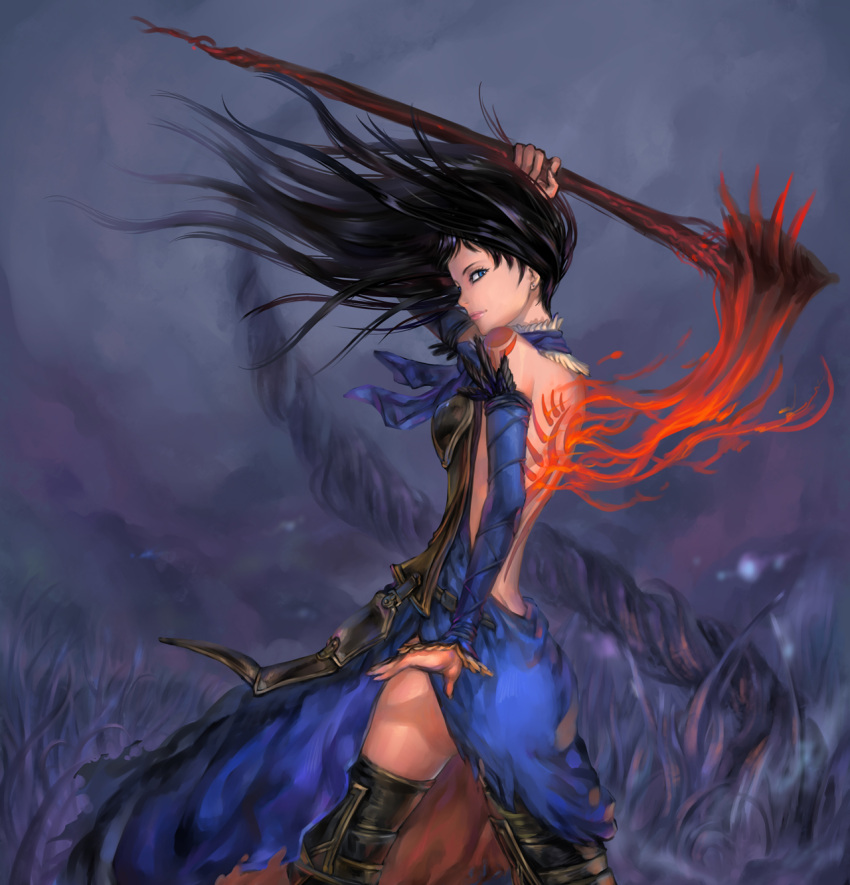 back, bare_back, bare_shoulders, black_hair, blue_eyes, boots, bridal_gauntlets, castlevania, castlevania:_order_of_ecclesia, detached_sleeves, dress, goenitzchild, gothic, highres, konami, legs, lips, long_hair, looking_back, materializing, scythe, shanoa, side_slit, solo, tattoo, thigh-highs, thigh_boots, thighhighs, weapon, wind