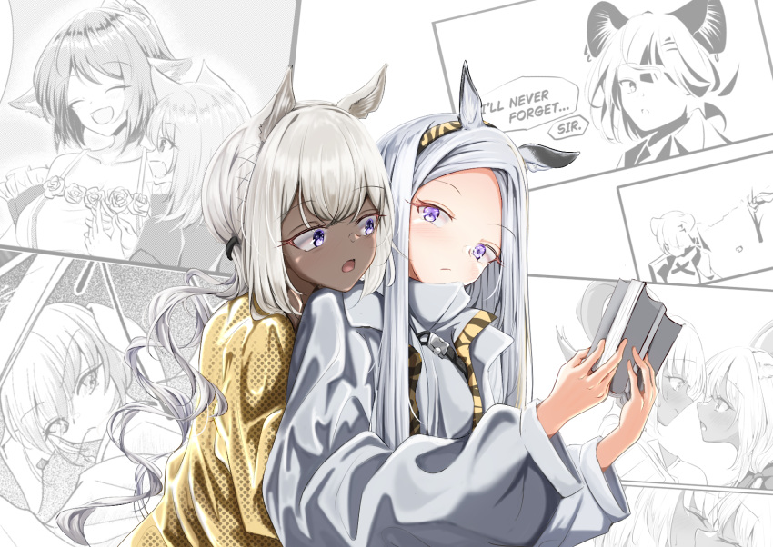 6+girls, animal_ears, arknights, beeswax_(arknights), blush, book, camel_ears, camel_girl