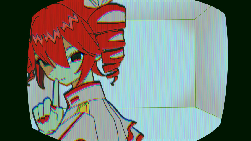 1girl, absurdres, closed_mouth, commentary_request, crt, drill_hair, finger_to_mouth, fuwa29ne