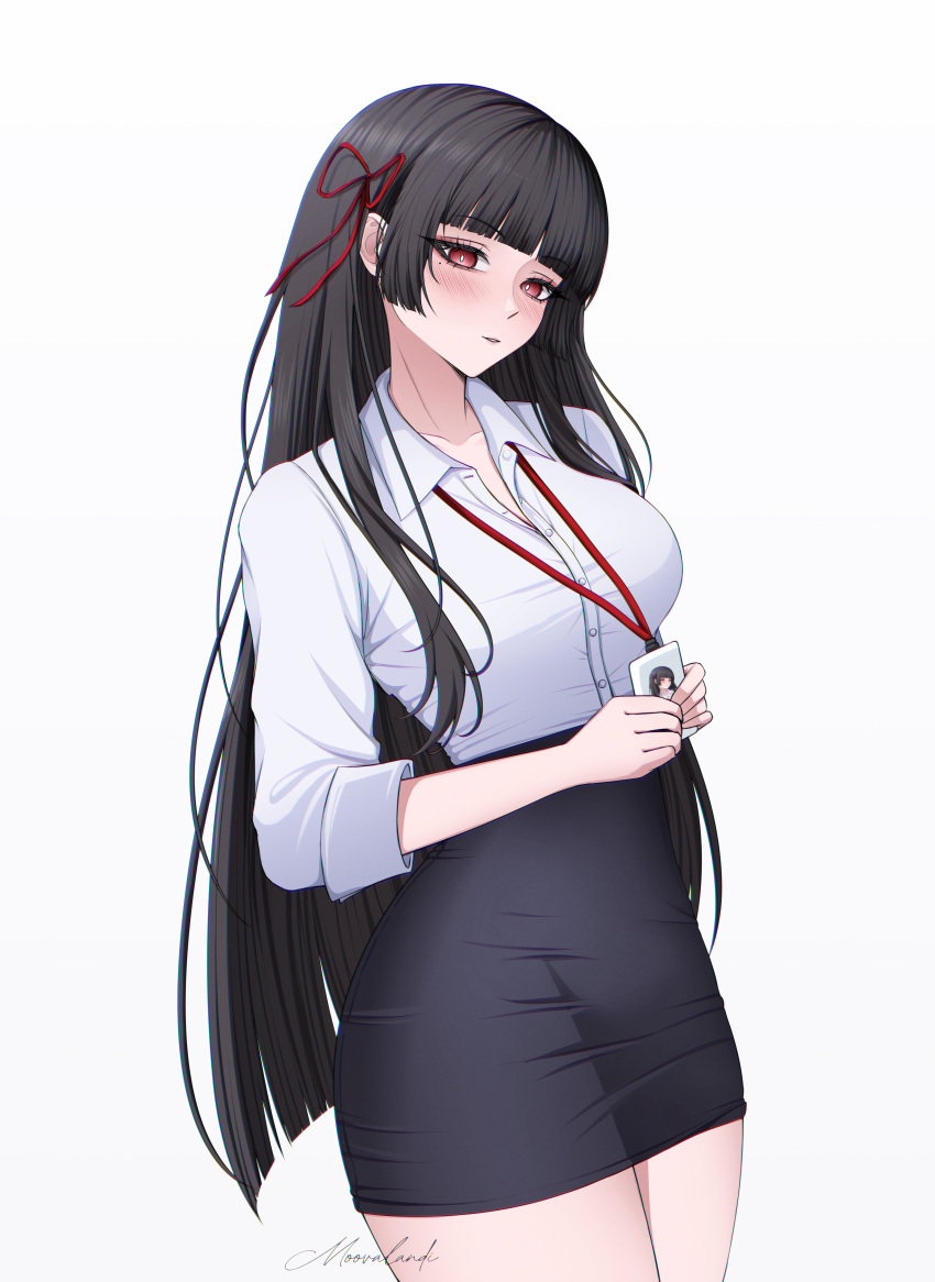 1girl, absurdres, alternate_costume, black_hair, black_skirt, blush, breasts, bright_pupils