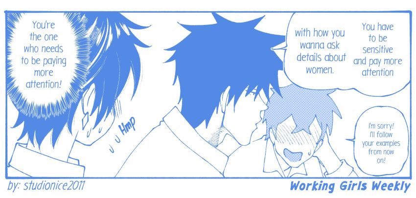 1girl, 2boys, anna_ayasaki, arm_behind_head, blue_theme, clueless, collared_shirt, commentary