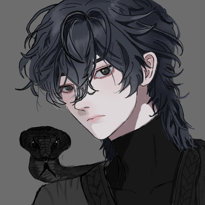 1boy, absurdres, aegyo_sal, animal_on_shoulder, black_eyes, black_hair, black_tunic, double-parted_bangs, expressionless, hair_between_eyes, head_tilt, highres, looking_at_viewer, portrait, saint_godspell, shadow_slave, snake, sunny_(shadow_slave), tunic, wolf_cut